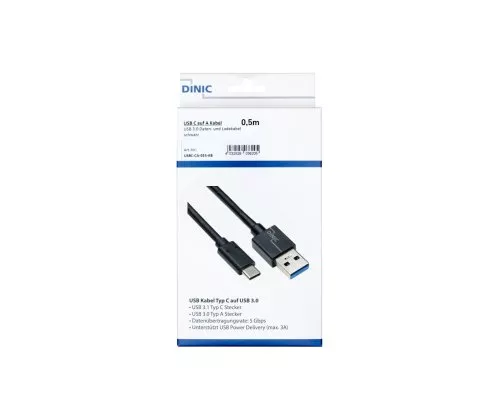 Cable USB 3.1 tipo C - enchufe 3.0 A, 5Gbps, carga 3A, negro, 0,50m, DINIC Box